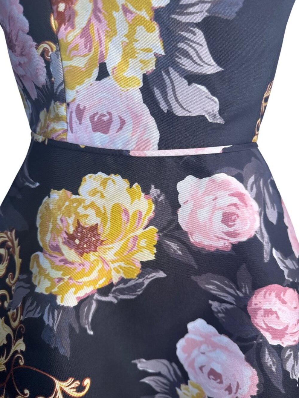 New BCX Floral Halter-Neck Size 3 Fit & Flare Dress Black/Yellow/Pink Polyester - Picture 8 of 15